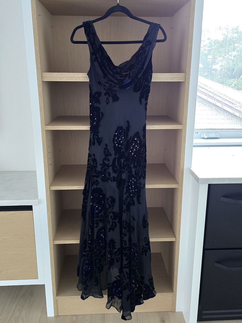 Alex Evenings Y2k Silk Blue Sequin Floral Cowl Neck Midi Dress Velvet Burnout